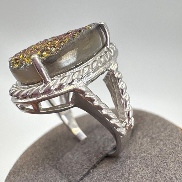 VTG Sterling Silver 925 Purple Gray Drusy Oval Rope Design Statement Ring Size 7 - Picture 3 of 12